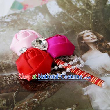 Top Grade Classical Wedding Pink and Rosy Red Ribbon Flowers Brooch,Groom Emulational Corsage Groomsman Crystal Brooch Flowers for Men