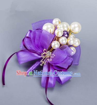 Top Grade Classical Wedding Purple Ribbon Brooch, Bride Emulational Corsage Bridesmaid Pearl Brooch Flowers for Women