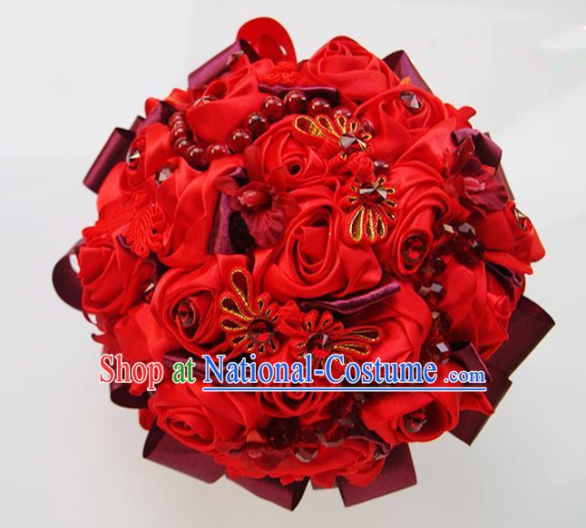 Top Grade Classical China Wedding Extravagant Chinese Knot Rose Flowers Nosegay, Bride Holding Luxury Crystal Flowers Ball Hand Tied Bouquet Flowers for Women