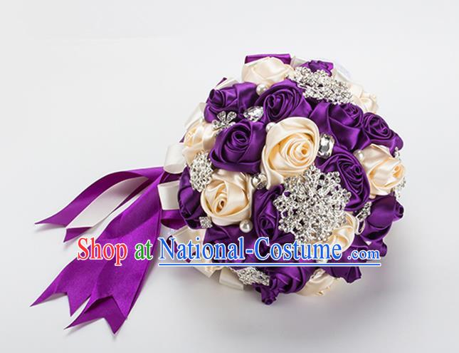 Top Grade Classical China Wedding Extravagant Chinese Knot Purple Rose Flowers Nosegay, Bride Holding Luxury Crystal Flowers Ball Hand Tied Bouquet Flowers for Women