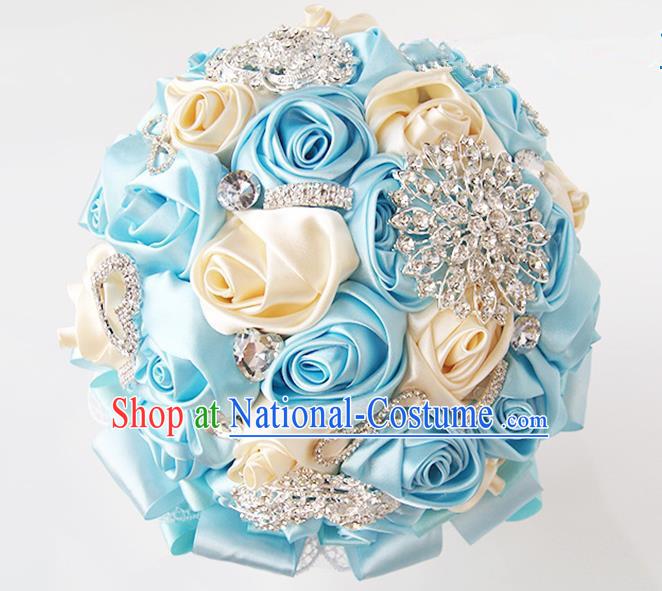 Top Grade Classical Wedding Blue Ribbon Corsage Brooch, Bride Emulational Corsage Bridemaid Brooch Flowers for Women