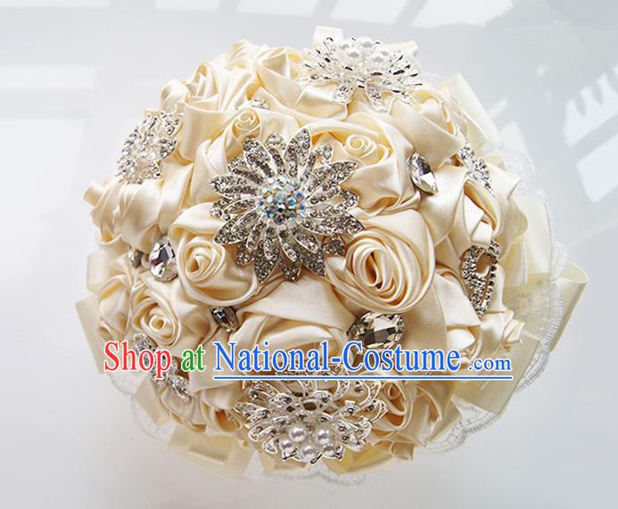 Top Grade Classical Wedding Beige Ribbon Corsage Brooch, Bride Emulational Corsage Bridemaid Brooch Flowers for Women