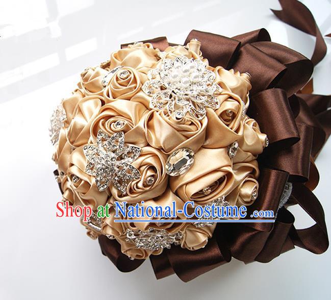 Top Grade Classical Wedding Coffee Ribbon Corsage Brooch, Bride Emulational Corsage Bridemaid Brooch Flowers for Women