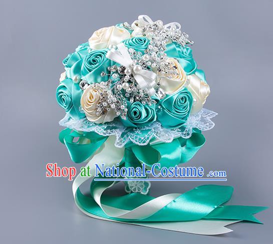 Top Grade Classical Wedding Blue Ribbon Silk Flowers, Bride Holding Emulational Flowers Ball, Hand Tied Bouquet Flowers for Women