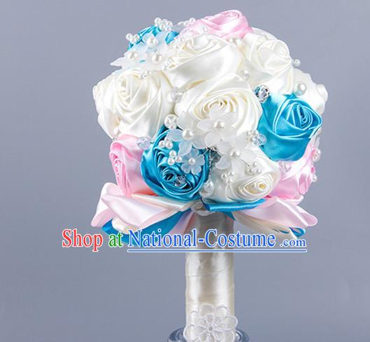 Top Grade Classical Wedding Beige Ribbon Silk Rose Flowers, Bride Holding Emulational Flowers Ball, Hand Tied Bouquet Flowers for Women