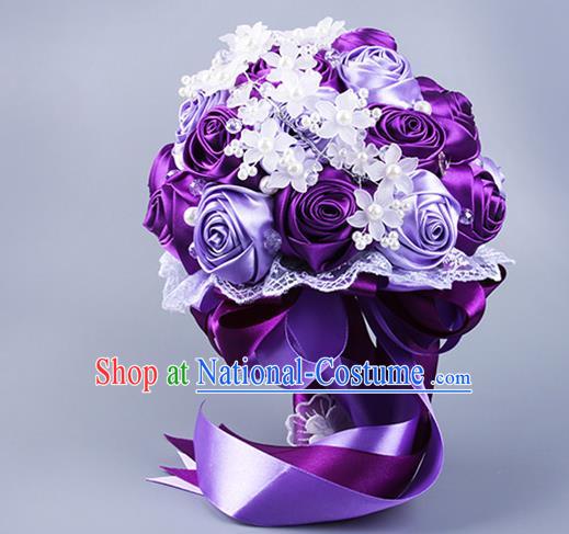 Top Grade Classical Wedding Purple Ribbon Silk Flowers, Bride Holding Emulational Flowers Ball, Hand Tied Bouquet Flowers for Women