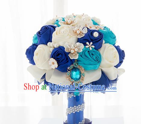 Top Grade Classical Wedding Ribbon Silk Flowers, Bride Holding Emulational Crystal Pearls Shell Flowers Ball, Hand Tied Bouquet Flowers for Women