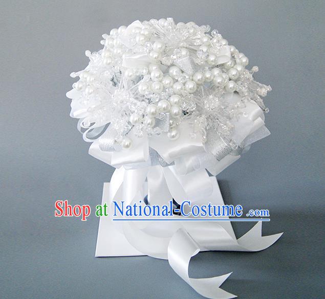 Top Grade Classical Wedding White Pearls Flowers, Bride Holding Emulational Flowers Ball, Hand Tied Bouquet Flowers for Women