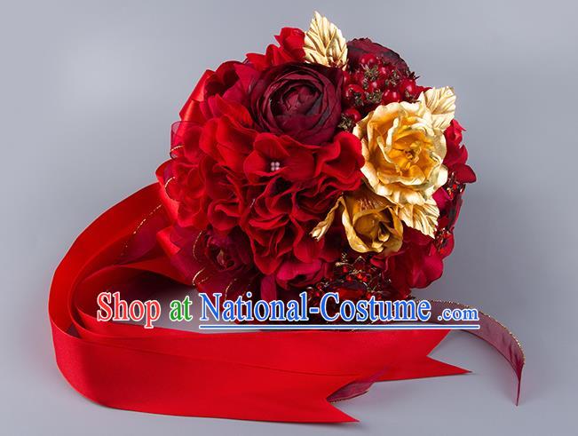 Top Grade Classical China Wedding Extravagant Red Ribbon Flowers Nosegay, Bride Holding Luxury Crystal Flowers Ball Hand Tied Bouquet Flowers for Women