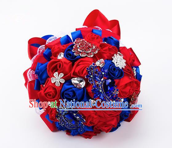 Top Grade Classical China Wedding Extravagant Ribbon Rose Flowers Nosegay, Bride Holding Luxury Crystal Flowers Ball Hand Tied Bouquet Flowers for Women