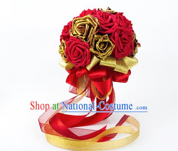 Top Grade Classical Wedding Bride Red Rose Flowers Holding Emulational Flowers Ball, Hand Tied Bouquet Flowers for Women