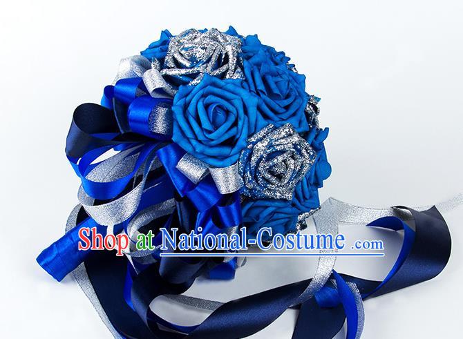 Top Grade Classical Wedding Bride Blue Rose Flowers Holding Emulational Flowers Ball, Hand Tied Bouquet Flowers for Women