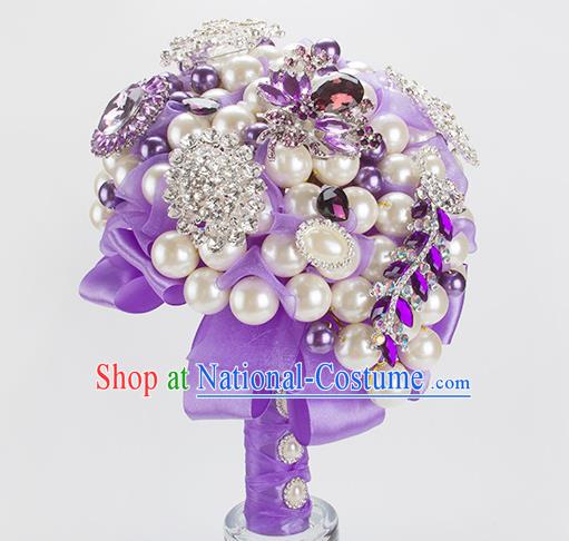 Top Grade Classical Wedding Bride Purple Ribbon Flowers Holding Emulational Flowers Ball, Crystal Hand Tied Bouquet Flowers for Women