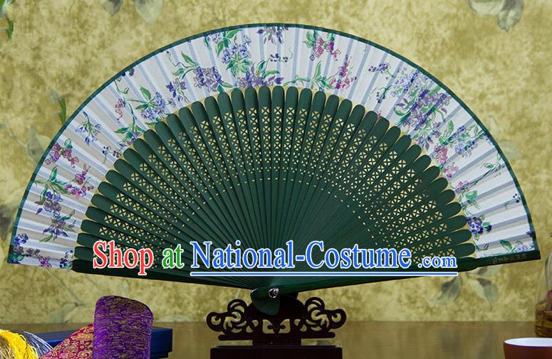 Traditional Chinese Handmade Crafts Green Folding Fan, China Sensu Printing Silk Fan Hanfu Fans for Women