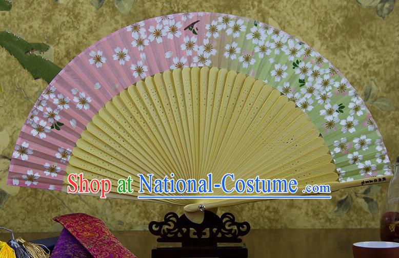 Traditional Chinese Handmade Crafts Gradient Pink Folding Fan, China Sensu Printing Oriental Cherry Silk Fan Hanfu Fans for Women