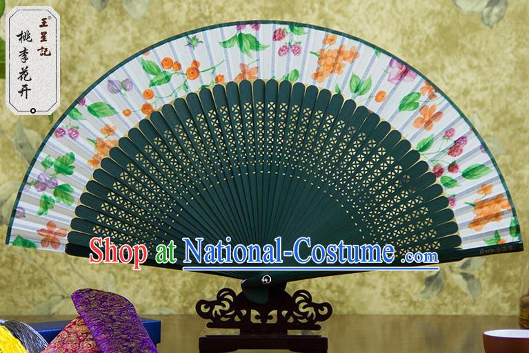 Traditional Chinese Handmade Crafts Green Folding Fan, China Sensu Printing Plum Flowers Silk Fan Hanfu Fans for Women