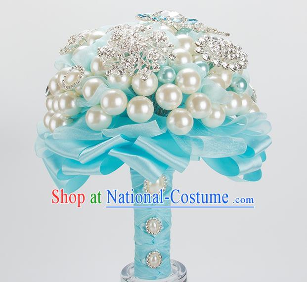 Top Grade Classical Wedding Bride Blue Ribbon Flowers Holding Emulational Flowers Ball, Crystal Hand Tied Bouquet Flowers for Women