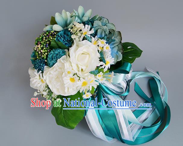 Top Grade Classical Wedding Bride Blue Silk Flowers Holding Emulational Flowers Ball, Crystal Hand Tied Bouquet Flowers for Women