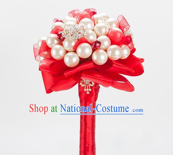 Top Grade Classical Wedding Bride Red Ribbon Flowers Holding Emulational Flowers Ball, Crystal Hand Tied Bouquet Flowers for Women