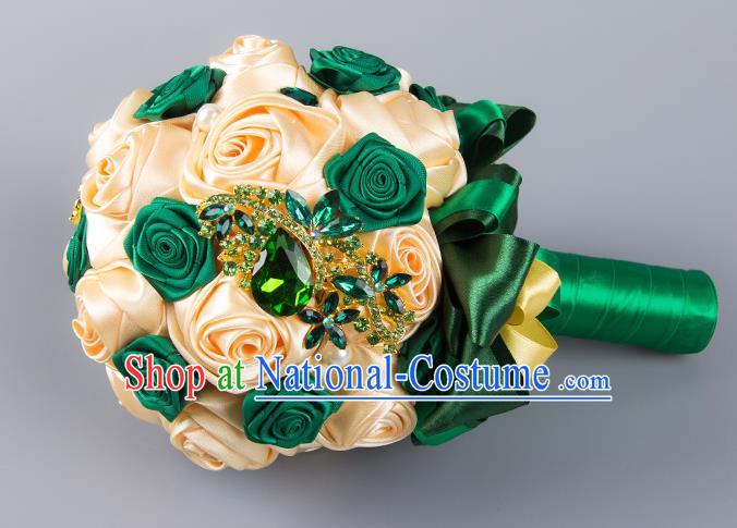 Top Grade Classical Wedding Bride Champagne and Green Silk Rose Flowers Holding Emulational Flowers Ball, Hand Tied Bouquet Flowers for Women