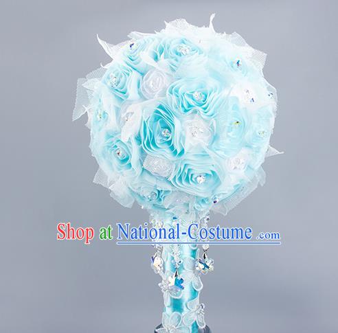 Top Grade Classical Wedding Bride Extravagant Blue Crystal Rose Flowers Holding Emulational Flowers Ball, Frozen Hand Tied Bouquet Flowers for Women