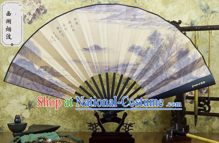 Traditional Chinese Handmade Crafts Ebonize Folding Fan, China Sensu Painting Hangzhou West Lake View Silk Fan Hanfu Fans for Men