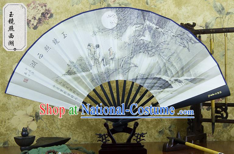 Traditional Chinese Handmade Crafts Ebonize White Folding Fan, China Sensu Painting Hangzhou West Lake View Silk Fan Hanfu Fans for Men