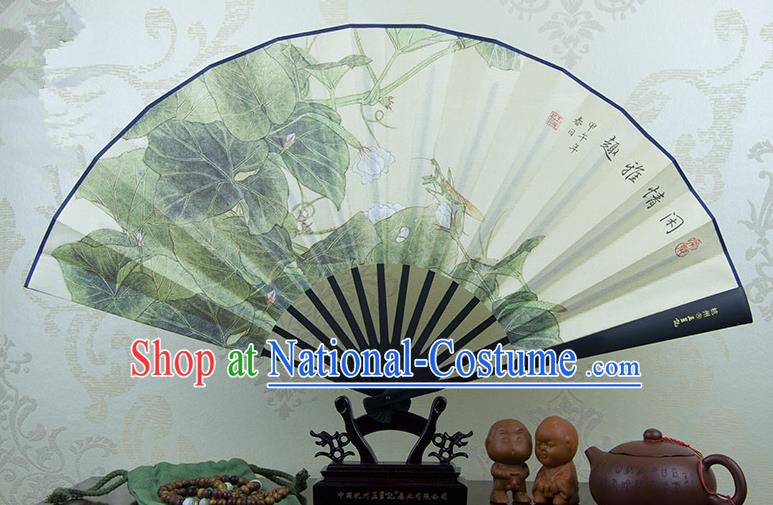 Traditional Chinese Handmade Crafts Ebonize White Folding Fan, China Sensu Painting West Lake Lotus Silk Fan Hanfu Fans for Men