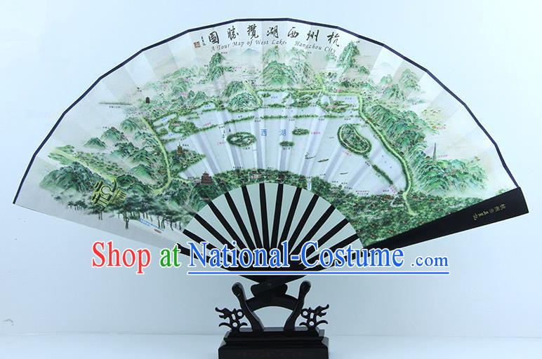 Traditional Chinese Handmade Crafts Ebonize Folding Fan, China Sensu Painting Hangzhou West Lake Map Silk Fan Hanfu Fans for Men