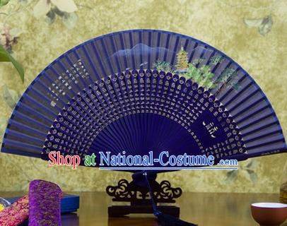 Traditional Chinese Handmade Crafts Folding Fan, China Sensu Painting Hangzhou West Lake Leifeng Pagoda Silk Fan Hanfu Fans for Women