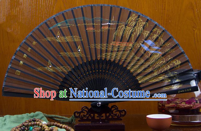 Traditional Chinese Handmade Crafts Folding Fan, China Printing West Lake Scenery Sensu Silk Fan Hanfu Fans for Women