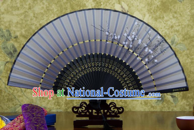 Traditional Chinese Handmade Crafts Two-segment Folding Fan, China Printing Plum Blossom Sensu Grey Silk Fan Hanfu Fans for Women