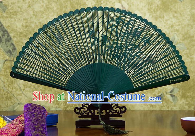 Traditional Chinese Handmade Crafts Bamboo Carving Folding Fan, China Classical Printing Bamboo Sensu Hollow Out Wood Green Fan Hanfu Fans for Women