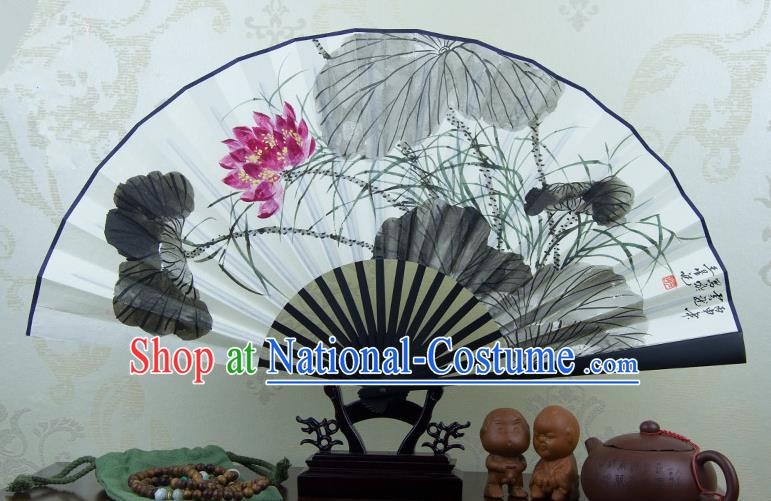 Traditional Chinese Handmade Crafts Ebonize Folding Fan, China Classical Art Paper Sensu Ink Painting Lotus Xuan Paper Purple Fan Hanfu Fans for Men