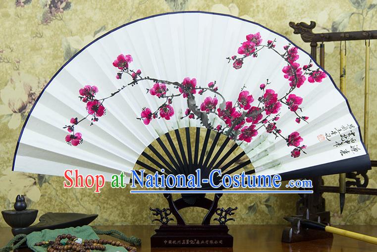 Traditional Chinese Handmade Crafts Ebonize Folding Fan, China Classical Art Paper Sensu Ink Painting Plum Blossom Xuan Paper Purple Fan Hanfu Fans for Men