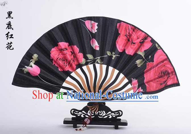 Traditional Chinese Handmade Crafts Folding Fan, China Printing Red Rose Sensu Black Silk Fan Hanfu Fans for Women