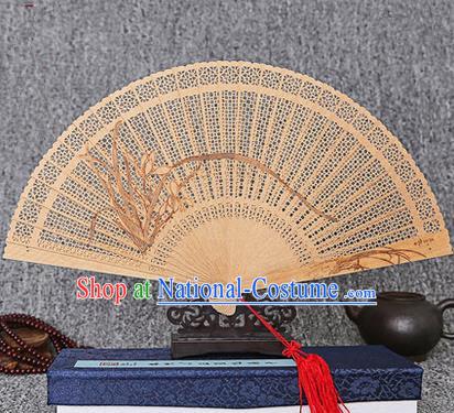 Traditional Chinese Handmade Crafts Sandalwood Folding Fan, China Classical Orchid Sensu Hollow Out Wood Fan Hanfu Fans for Women