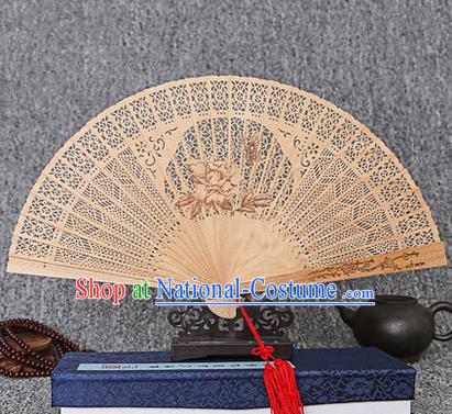 Traditional Chinese Handmade Crafts Sandalwood Folding Fan, China Classical Butterfly Flower Sensu Hollow Out Wood Fan Hanfu Fans for Women