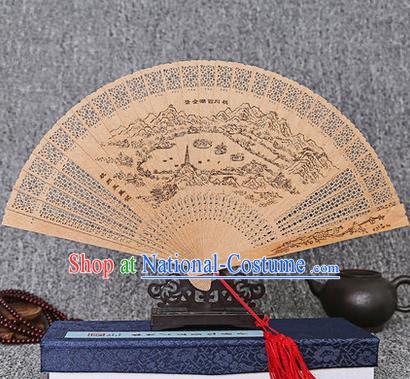 Traditional Chinese Handmade Crafts Sandalwood Folding Fan, China Classical West Lake Scenery Sensu Hollow Out Wood Fan Hanfu Fans for Women