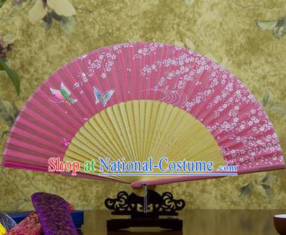 Traditional Chinese Handmade Crafts Bamboo Rib Folding Fan, China Classical Printing Butterfly Sensu Pink Silk Fan Hanfu Fans for Women