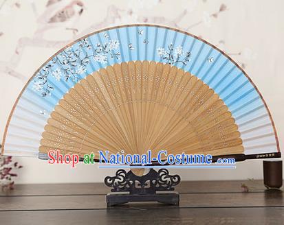 Traditional Chinese Handmade Crafts Bamboo Rib Folding Fan, China Classical Printing Peach Flowers Sensu Gradient Blue Silk Fan Hanfu Fans for Women