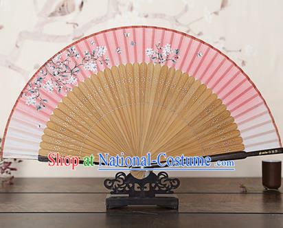 Traditional Chinese Handmade Crafts Bamboo Rib Folding Fan, China Classical Printing Peach Flowers Sensu Gradient Pink Silk Fan Hanfu Fans for Women