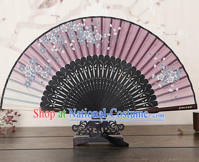 Traditional Chinese Handmade Crafts Bamboo Rib Folding Fan, China Classical Printing Peach Flowers Sensu Gradient Silk Fan Hanfu Fans for Women