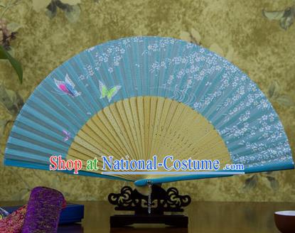 Traditional Chinese Handmade Crafts Bamboo Rib Folding Fan, China Classical Printing Butterfly Sensu Blue Silk Fan Hanfu Fans for Women