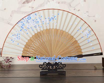 Traditional Chinese Handmade Crafts Bamboo Rib Folding Fan, China Classical Printing Peach Flowers Sensu White Silk Fan Hanfu Fans for Women