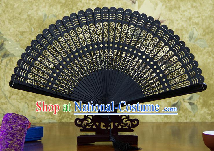 Traditional Chinese Handmade Crafts Bamboo Carving Folding Fan, China Classical Printing Rosa Chinensis Sensu Hollow Out Wood Black Fan Hanfu Fans for Women