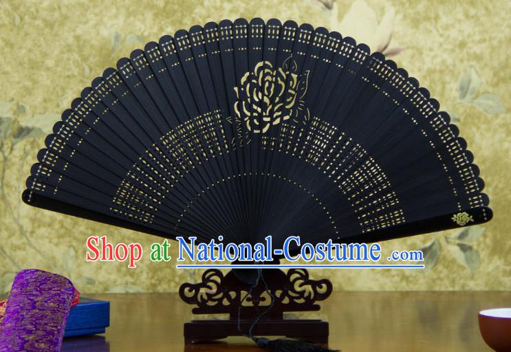 Traditional Chinese Handmade Crafts Bamboo Carving Folding Fan, China Classical Printing Rose Sensu Hollow Out Wood Black Fan Hanfu Fans for Women