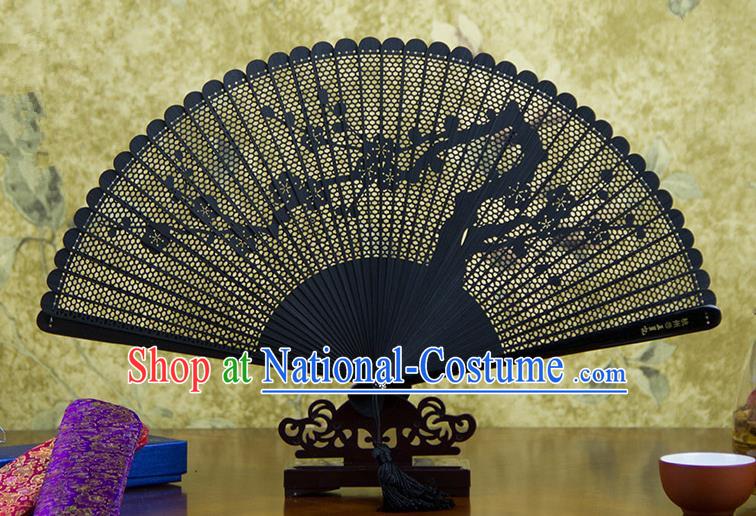 Traditional Chinese Handmade Crafts Bamboo Carving Folding Fan, China Classical Plum Blossom Sensu Hollow Out Wood Black Fan Hanfu Fans for Women