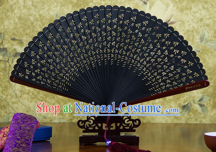 Traditional Chinese Handmade Crafts Bamboo Carving Folding Fan, China Classical Dragonfly Sensu Hollow Out Wood Black Fan Hanfu Fans for Women