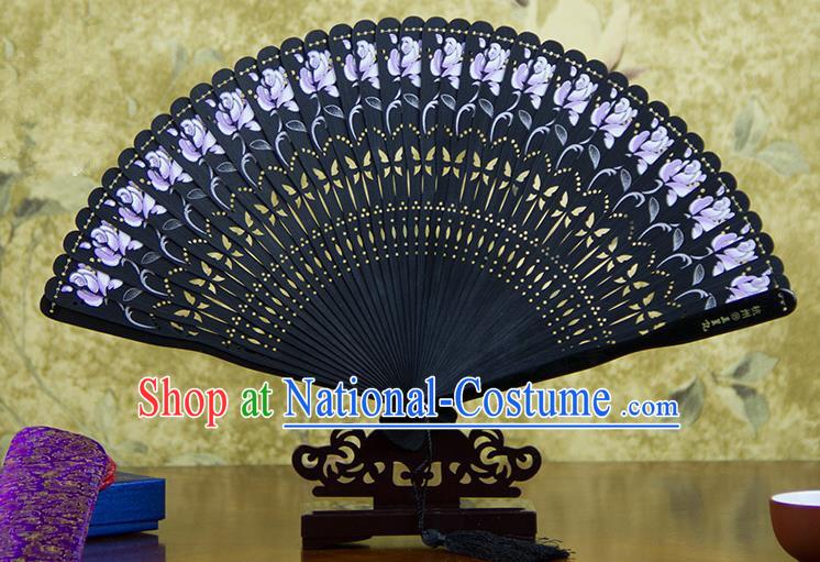 Traditional Chinese Handmade Crafts Bamboo Carving Folding Fan, China Classical Printing Flowers Sensu Hollow Out Wood Black Fan Hanfu Fans for Women